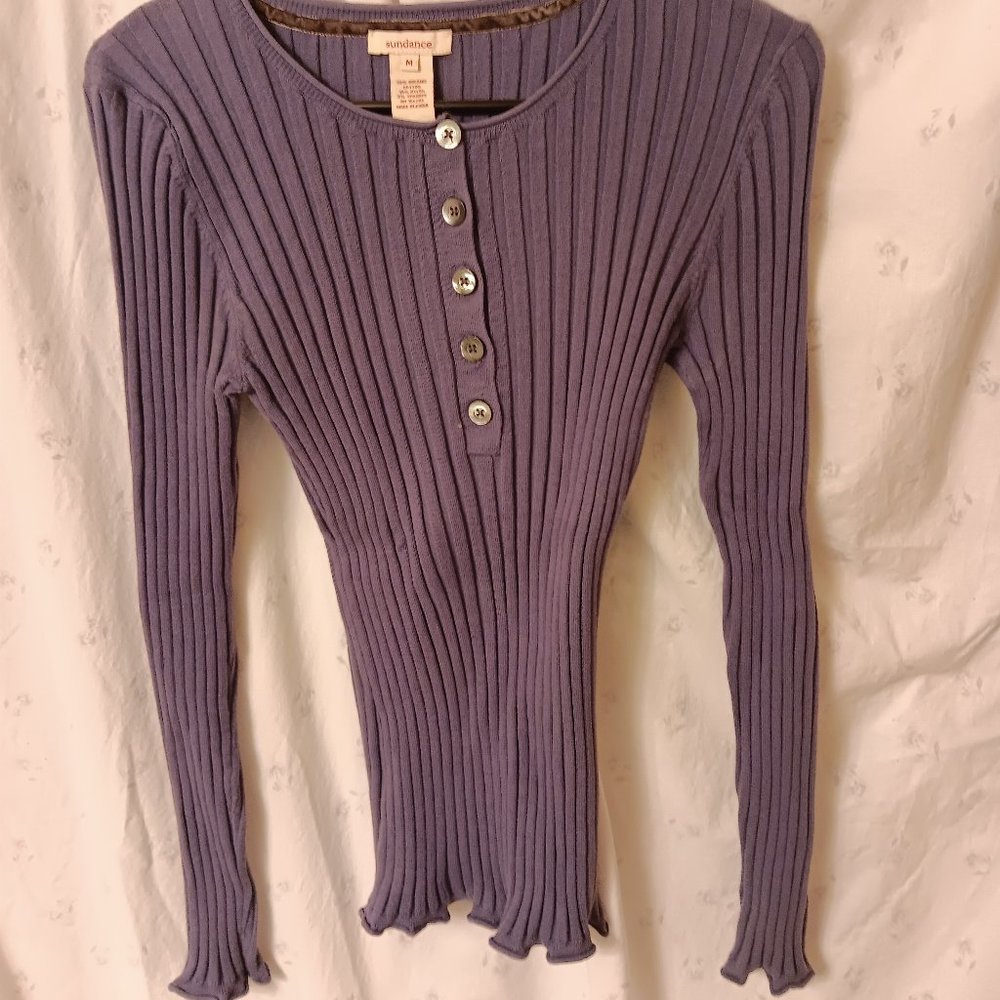 Sundance blue/purple ribbed long sleeve top with pearlized buttons